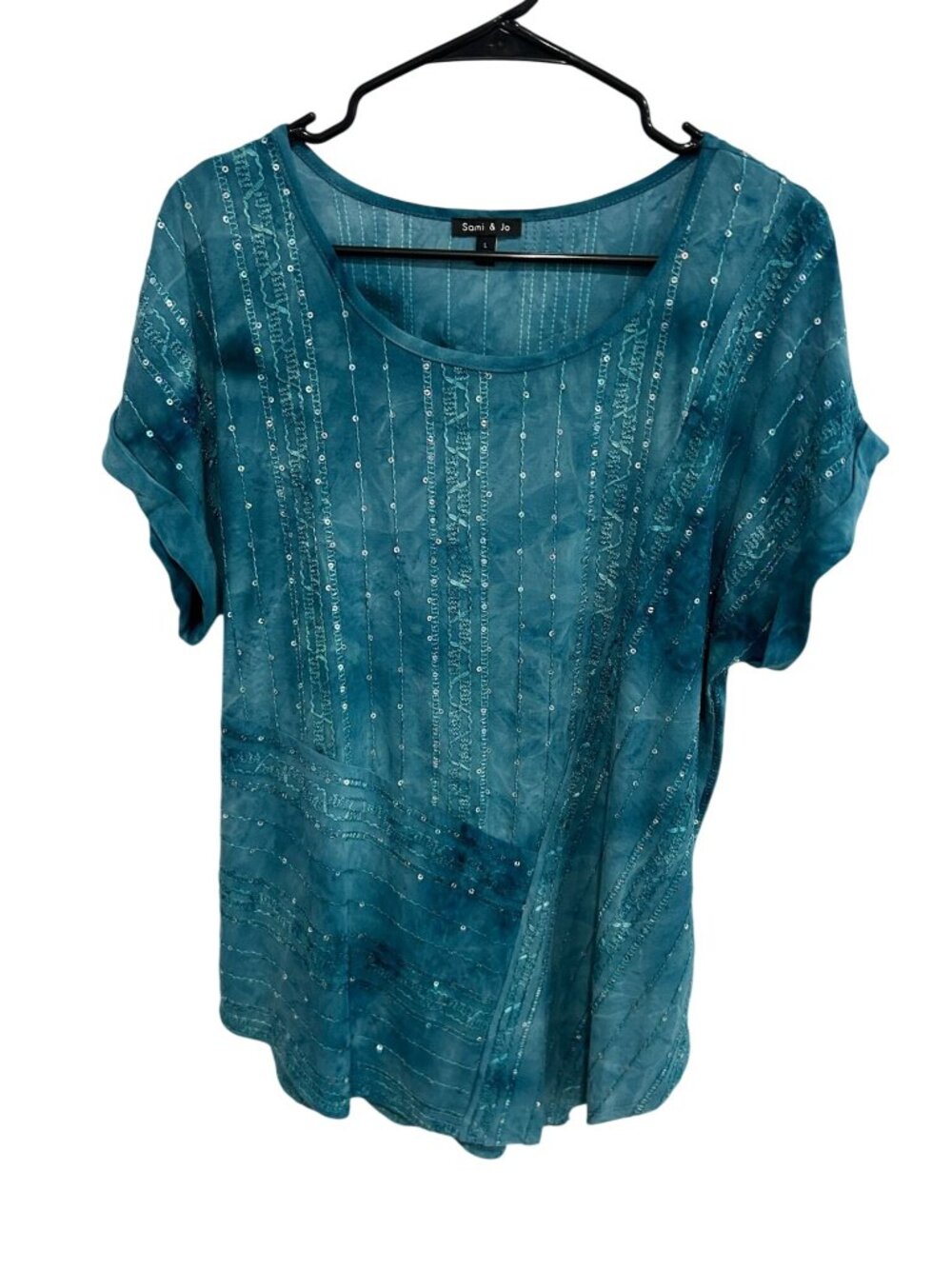 Sami & Jo Large Blue Sequin Top Short Sleeve Lightweight Creativecore Maximalist